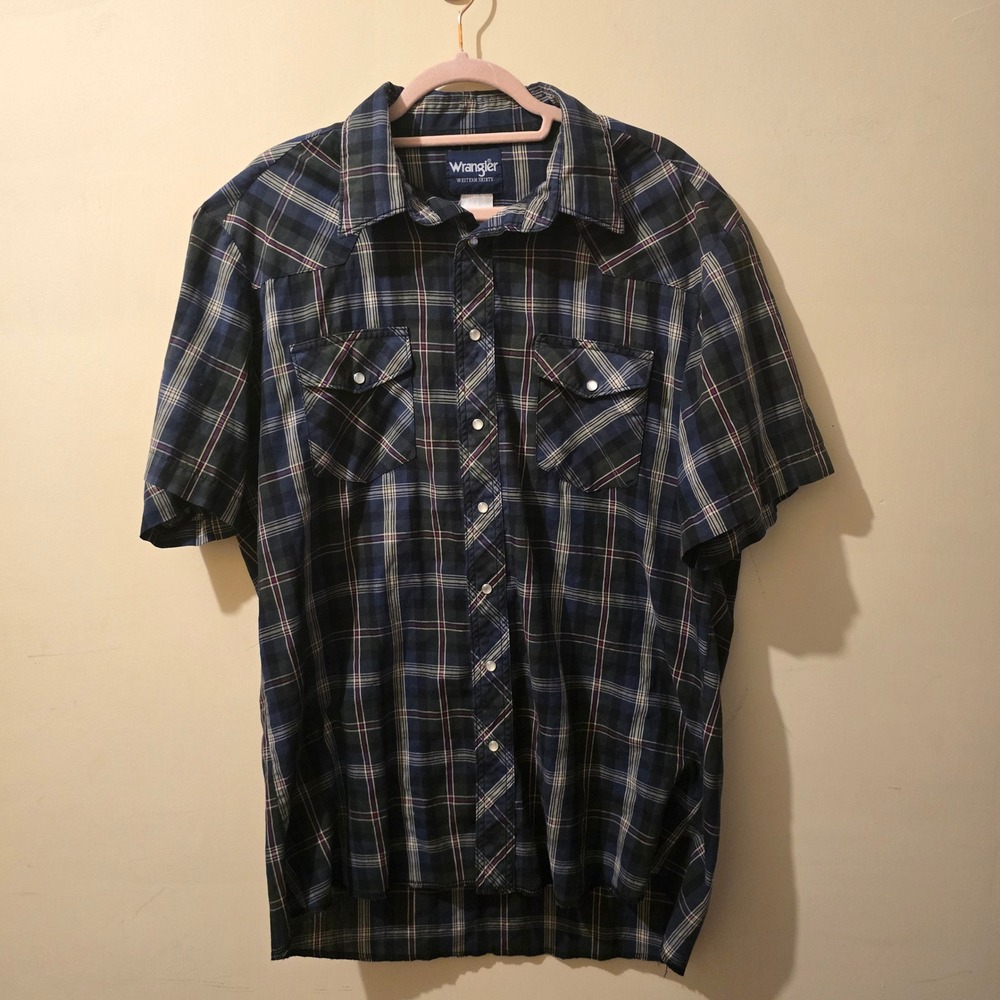 Wrangler Western Shirt Mens XL Blue Plaid Pearl Snap Short Sleeve Casual Work